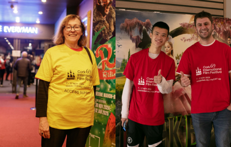 Collage of Volunteers. Woman wearing yellow shirt with Access Volunteer and CIFF logos. Two male volunteers wearing red shirts and CIFF logos.